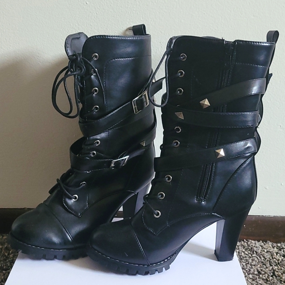 Susanny Women's Mid Calf Leather Boots Chic High Heel Lace Up Military Buckle